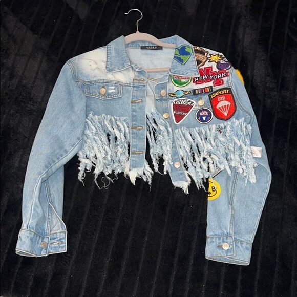 Crop Blue Denim Fringe Jacket with Patches - Picture 1 of 6